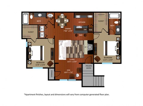 Floor plan for 2 beds, 2 baths, 984 sqft