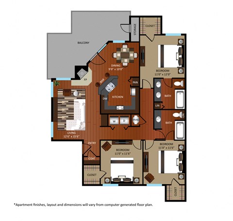 Floor plan for 3 beds, 2 baths, 1280 sqft