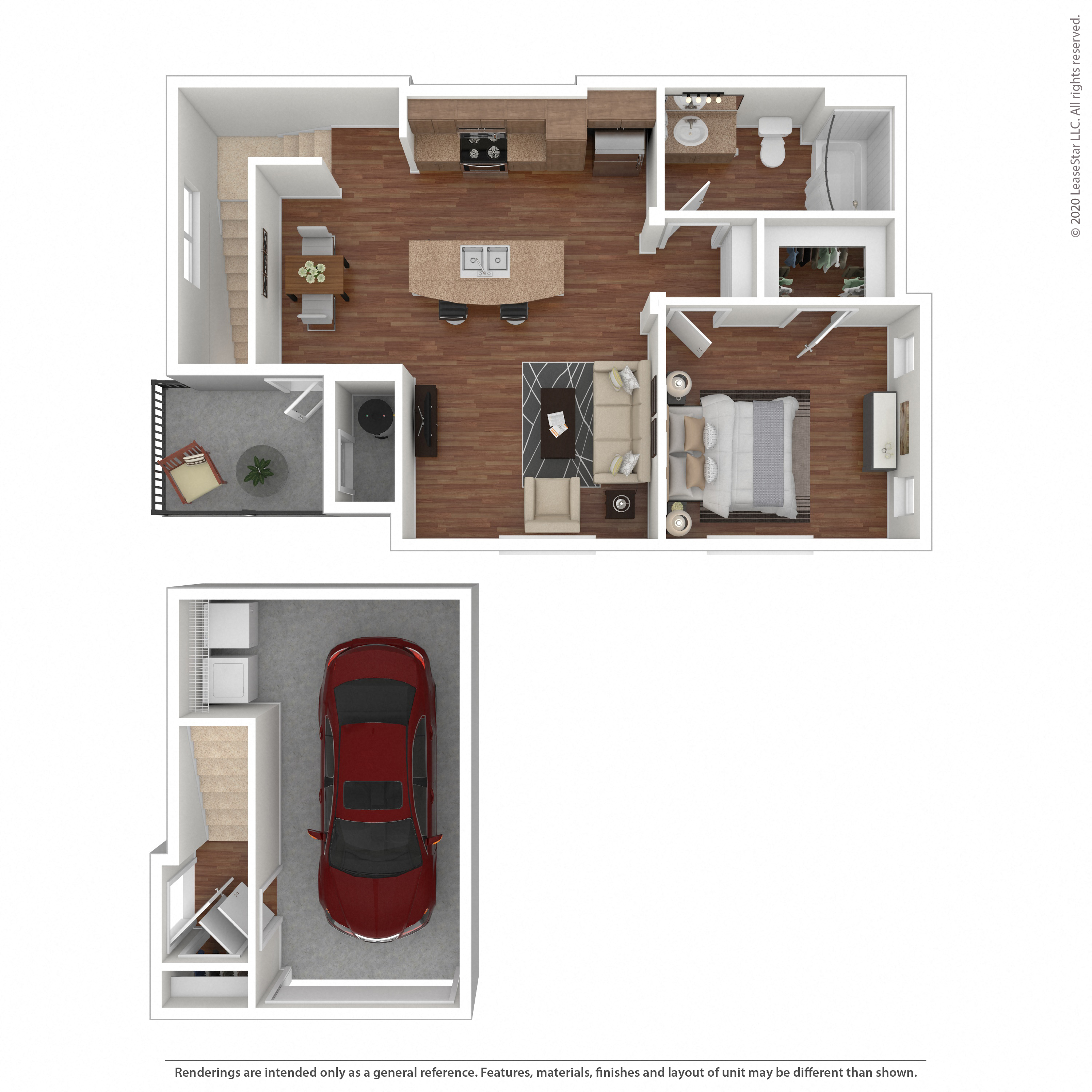 Floor plan for 1 bed, 1 bath, 834 sqft