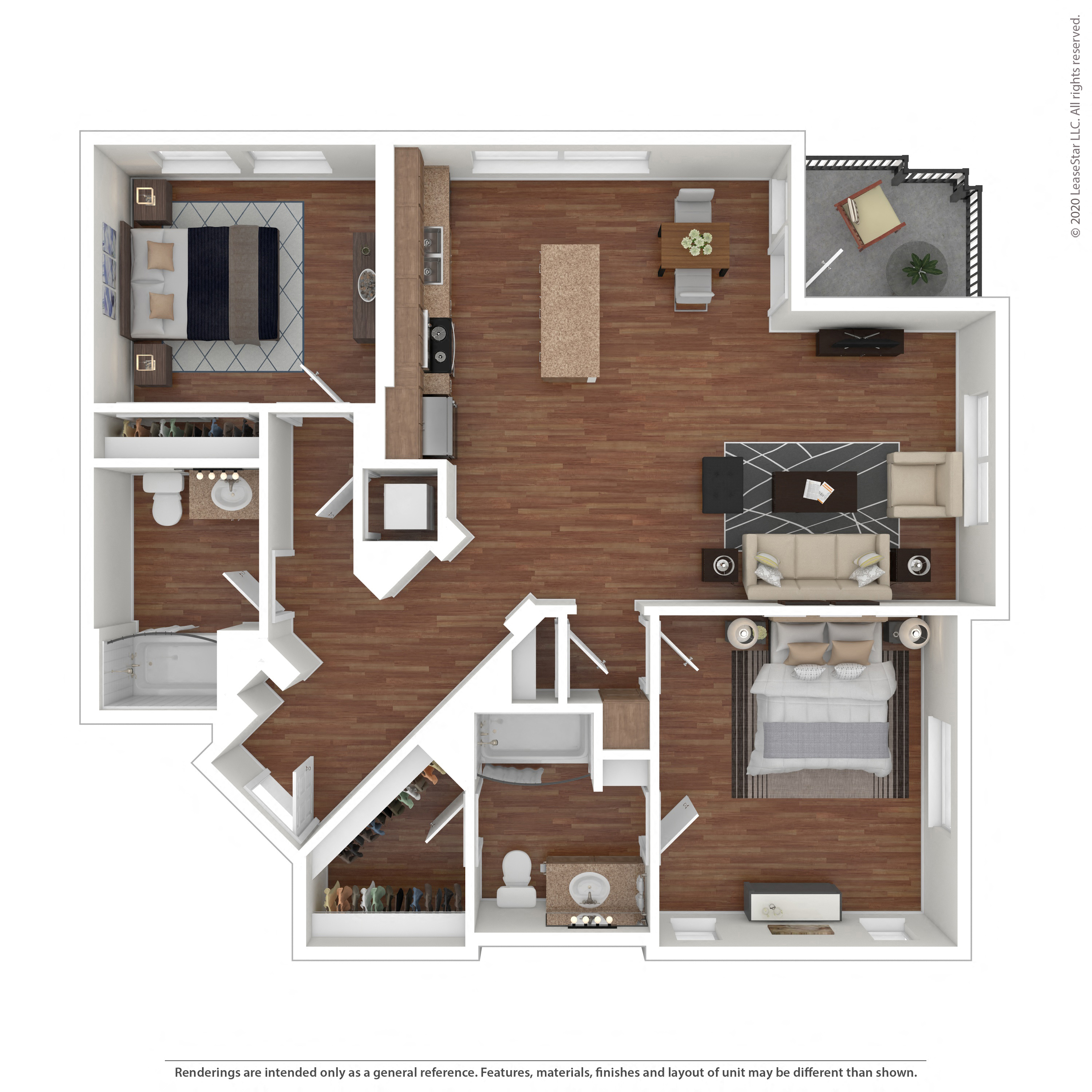 Floor plan for 2 beds, 2 baths, 1294 sqft
