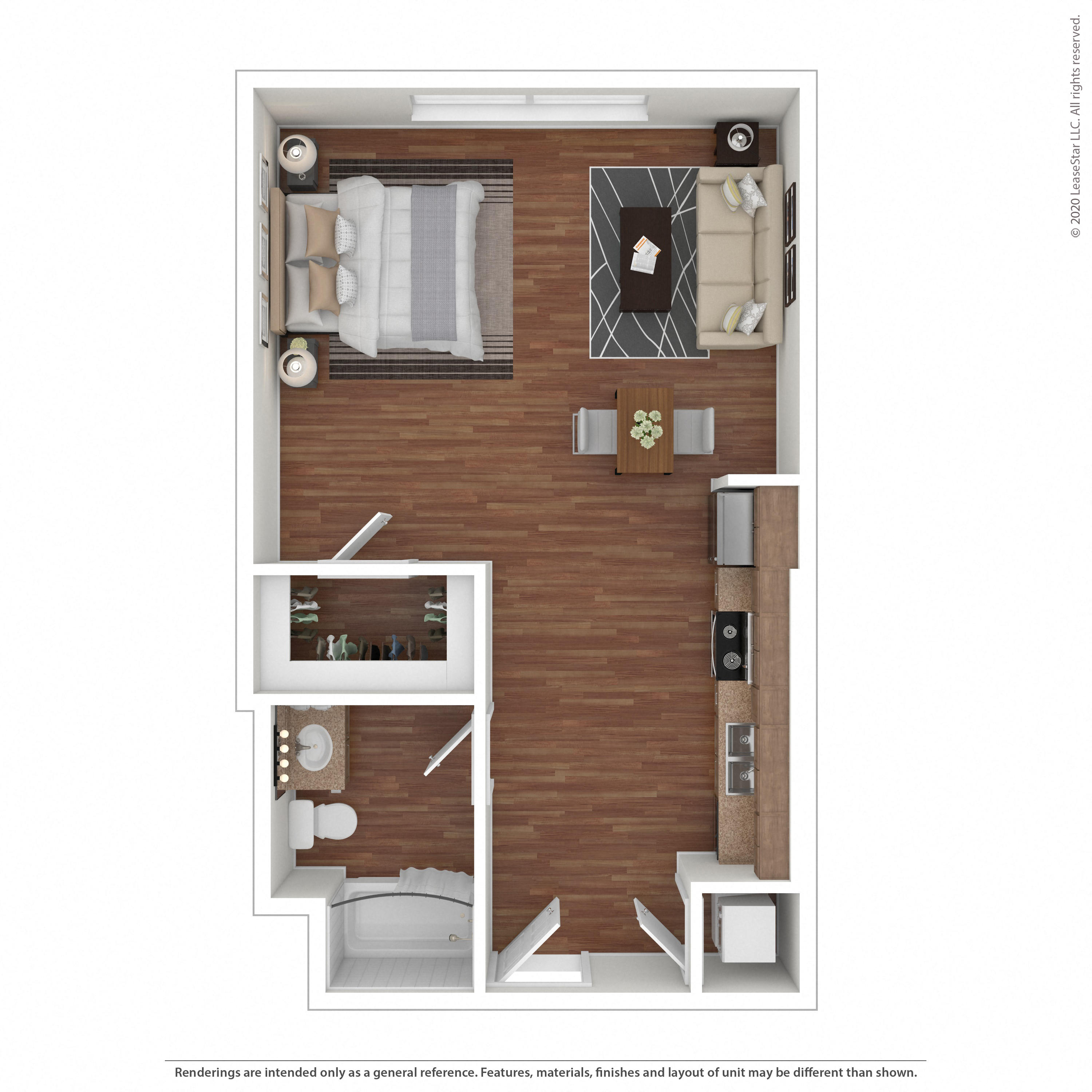Floor plan for studio, 1 bath, 671 sqft
