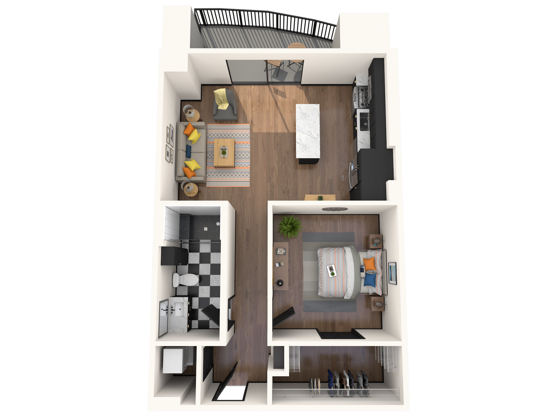 Floor plan for 1 bed, 1 bath, 635 sqft
