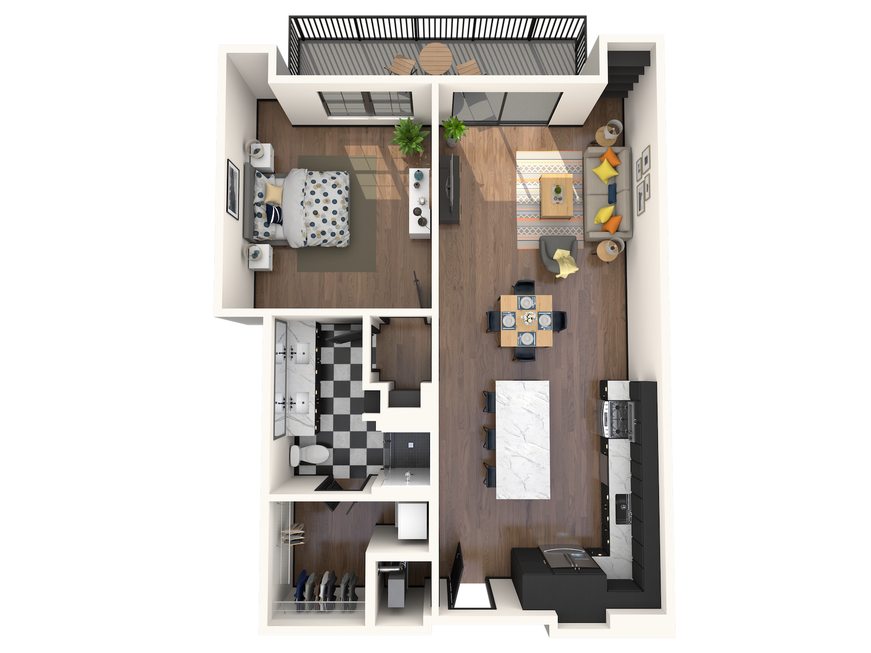 Floor plan for 1 bed, 1 bath, 916 sqft