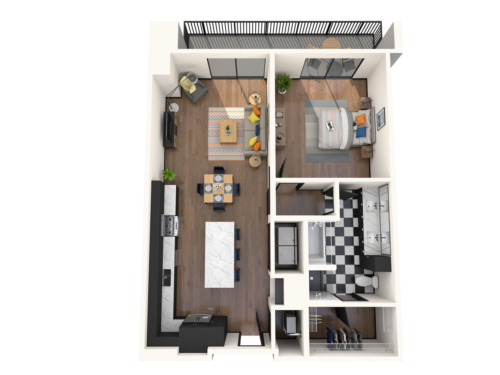 Floor plan for 1 bed, 1 bath, 970 sqft