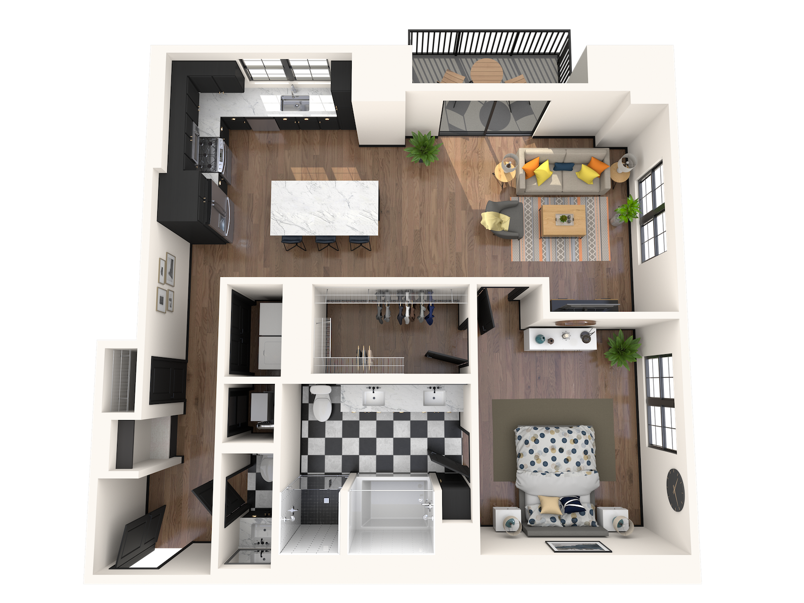 Floor plan for 1 bed, 1.5 baths, 1053 sqft