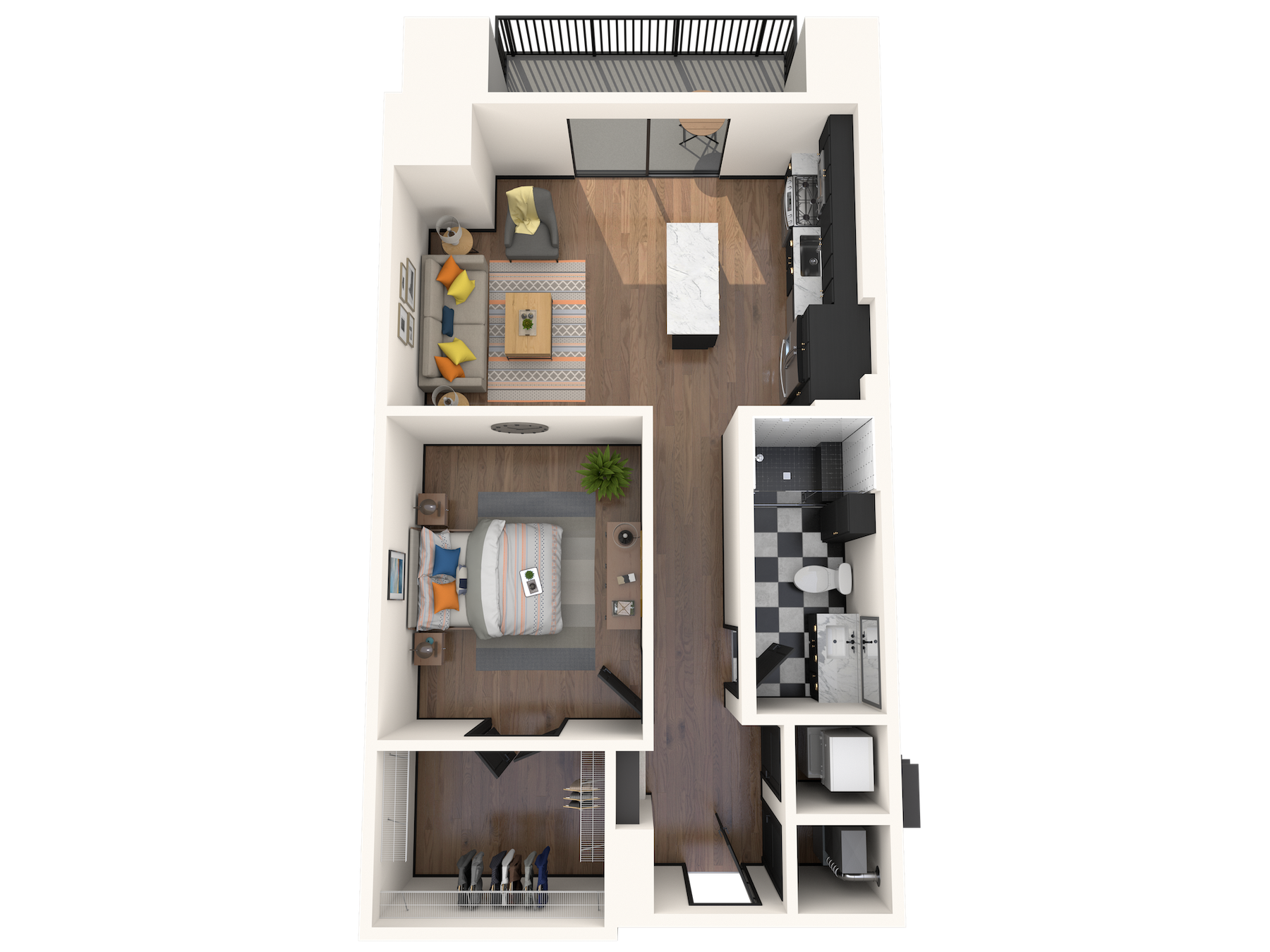 Floor plan for 1 bed, 1 bath, 722 sqft