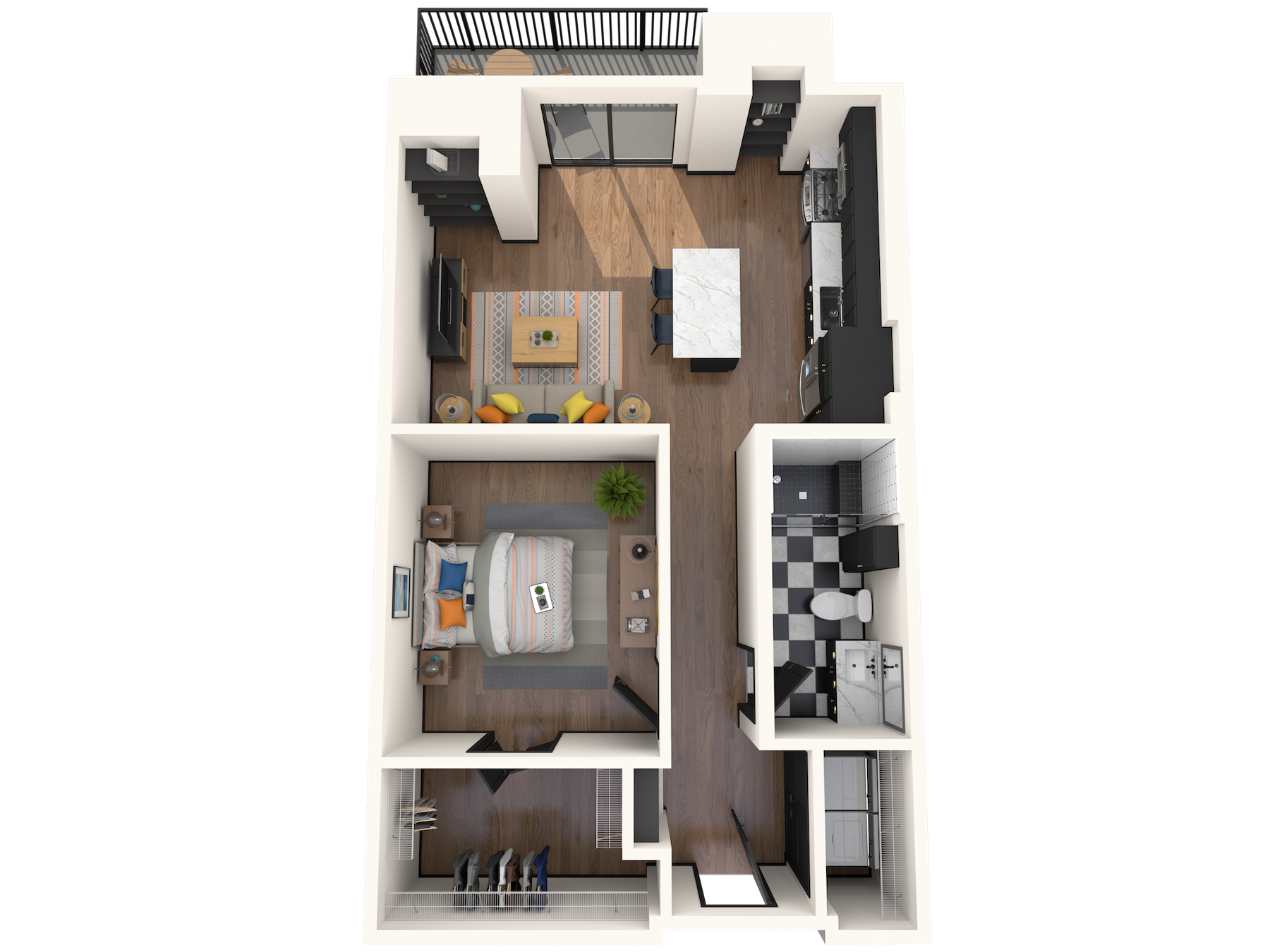 Floor plan for 1 bed, 1 bath, 727 sqft