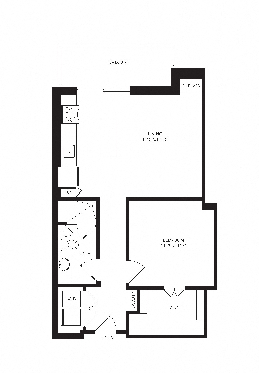 Floor plan for 1 bed, 1 bath, 730 sqft