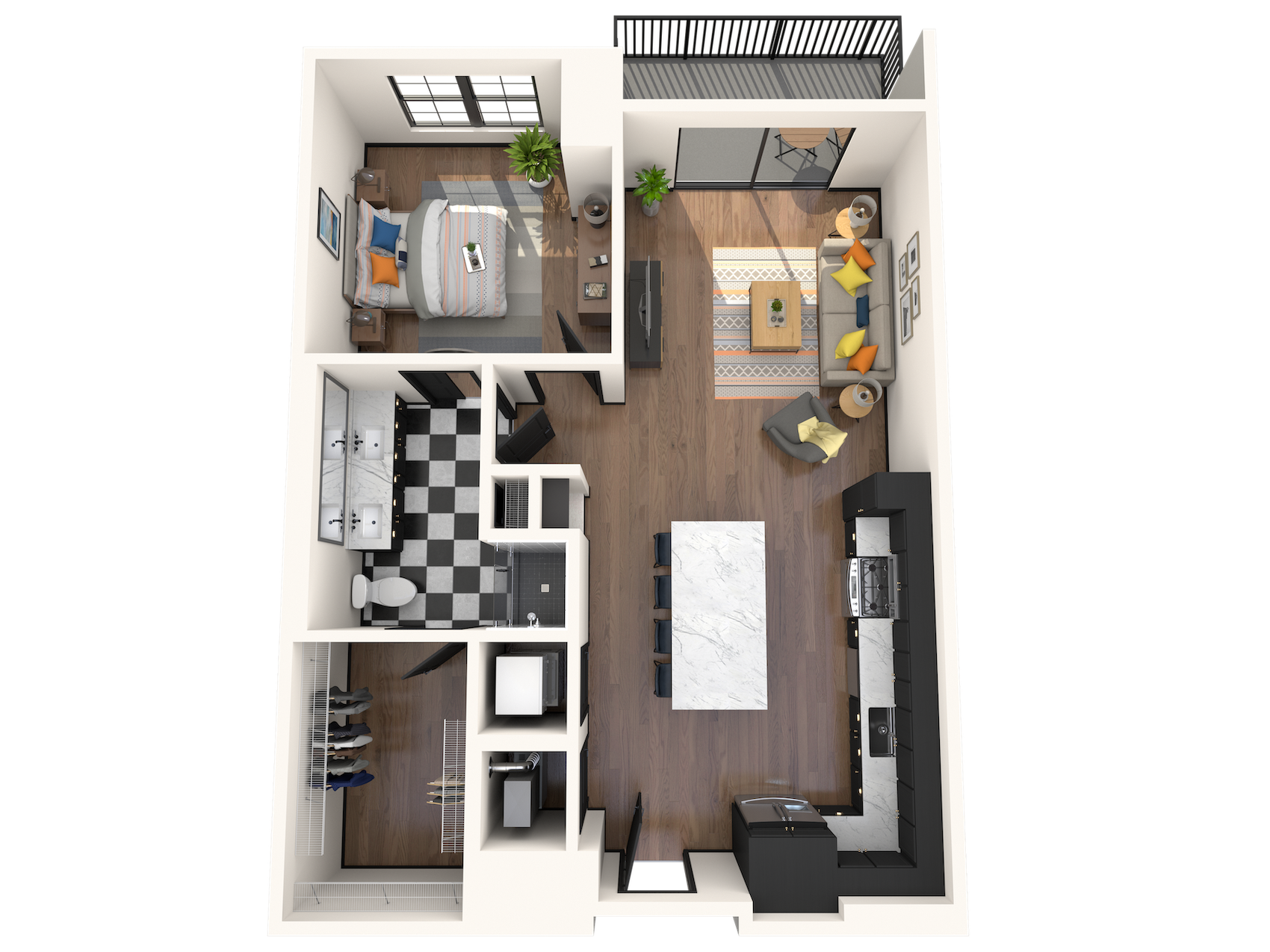 Floor plan for 1 bed, 1 bath, 769 sqft