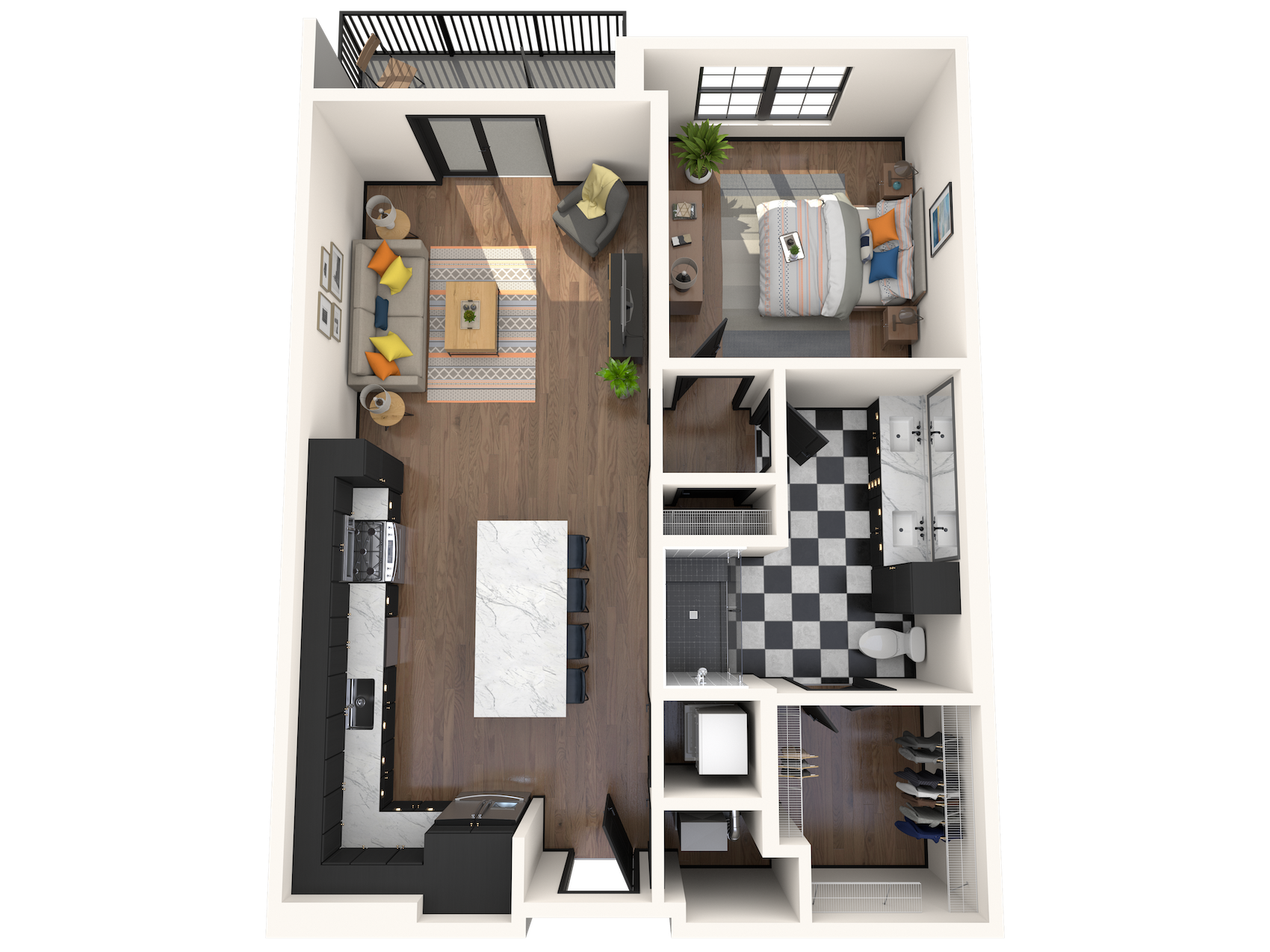 Floor plan for 1 bed, 1 bath, 818 sqft