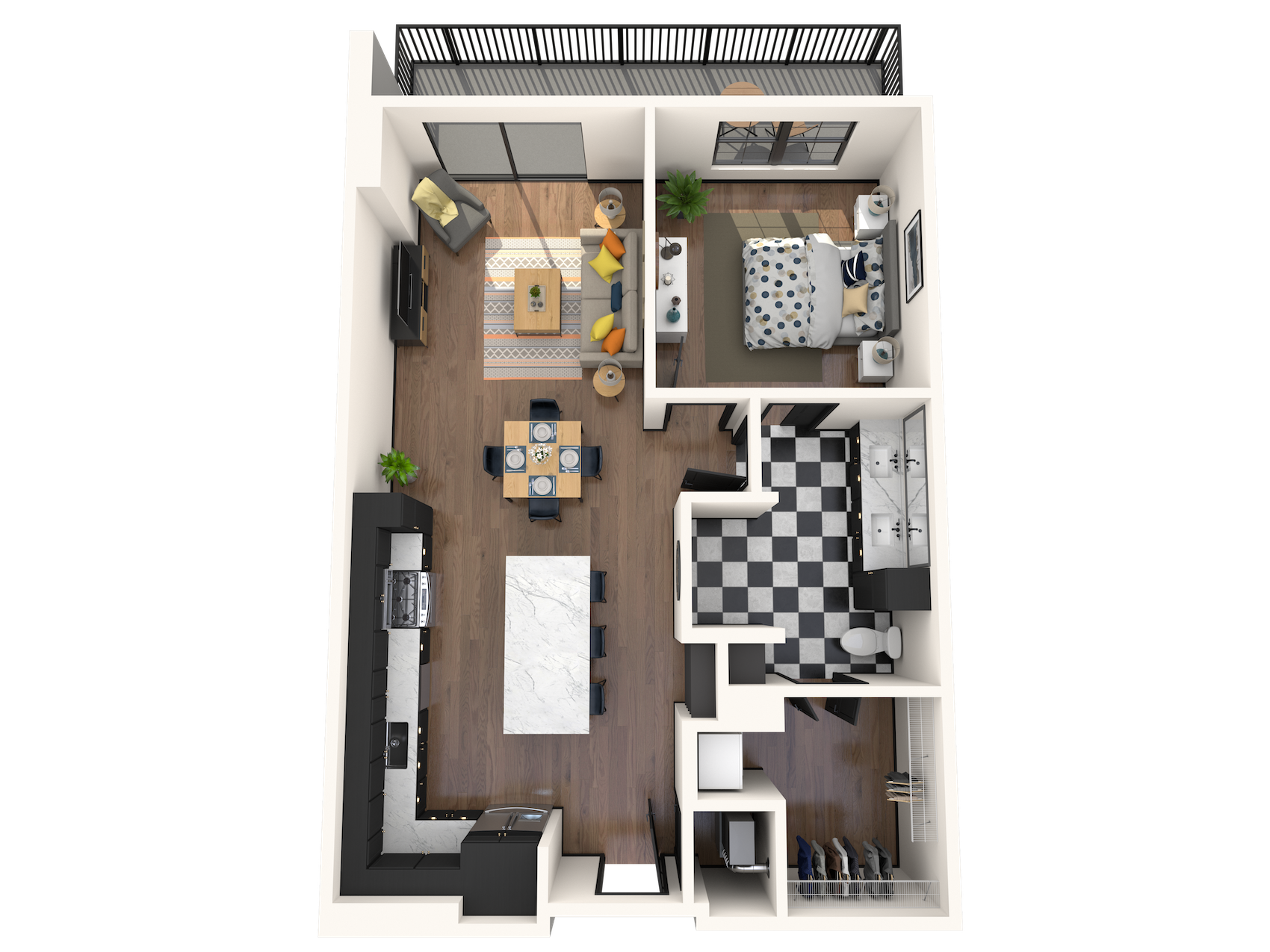 Floor plan for 1 bed, 1 bath, 834 sqft