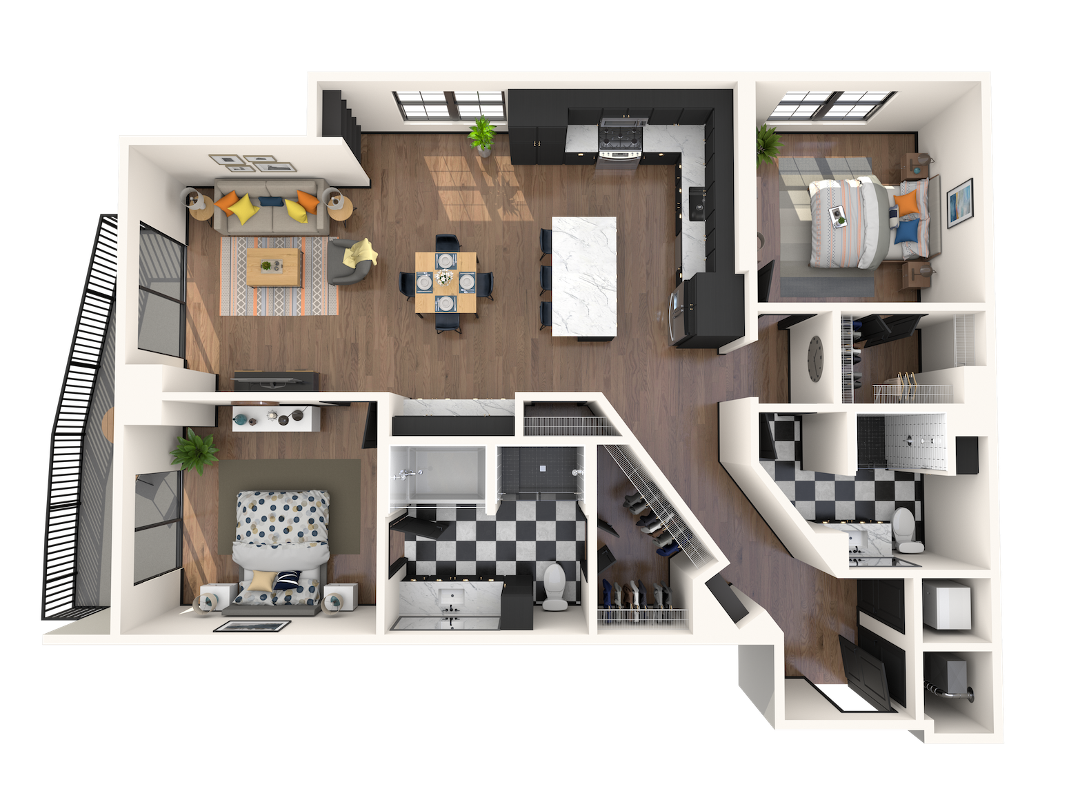 Floor plan for 2 beds, 2 baths, 1370 sqft