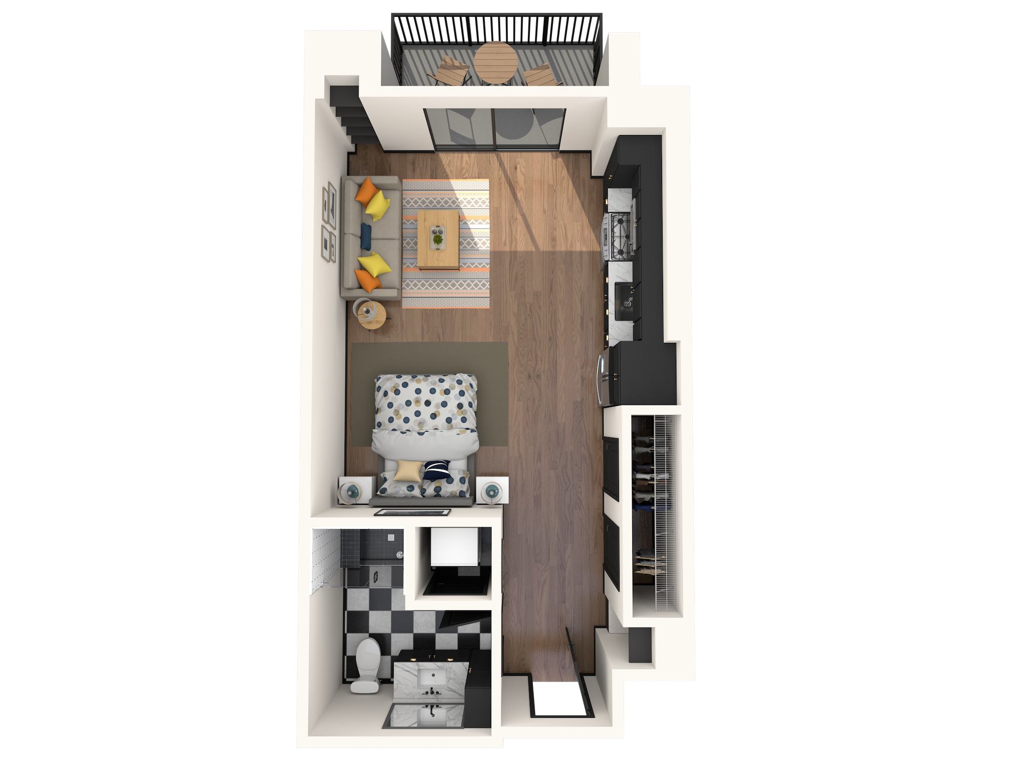 Floor plan for studio, 1 bath, 563 sqft