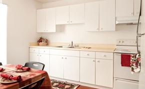 Tampa apartment for rent - A kitchen with white cabinets and a table set for two.