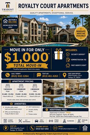 Tampa apartment for rent - A promotional poster for Royalty Court Apartments advertising a move-in special for $1,000.