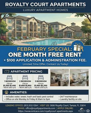 Tampa apartment for rent - An advertisement for Royalty Court Apartments offering a special February promotion.