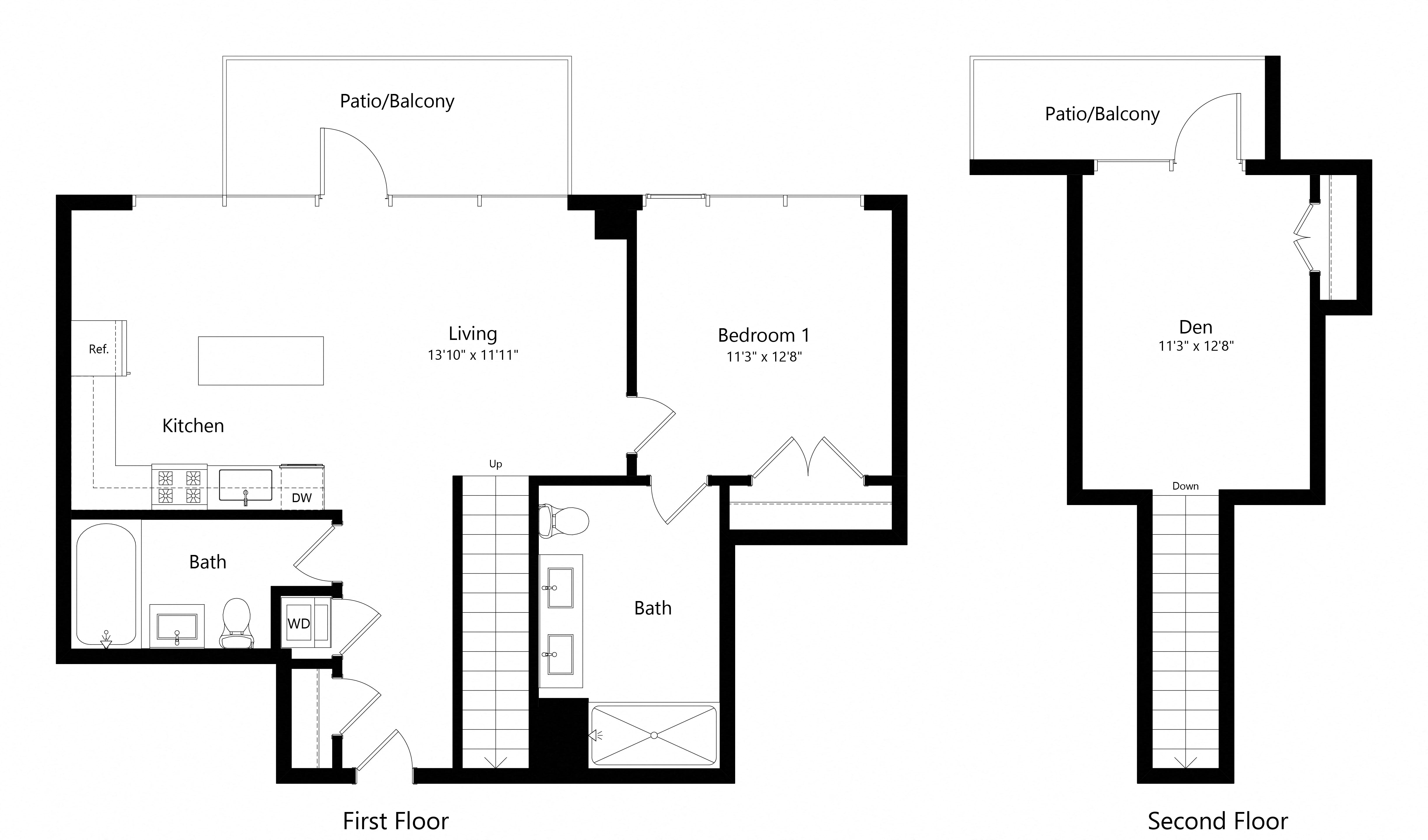 Floor plan for 1 bed, 2 baths, 1161 sqft
