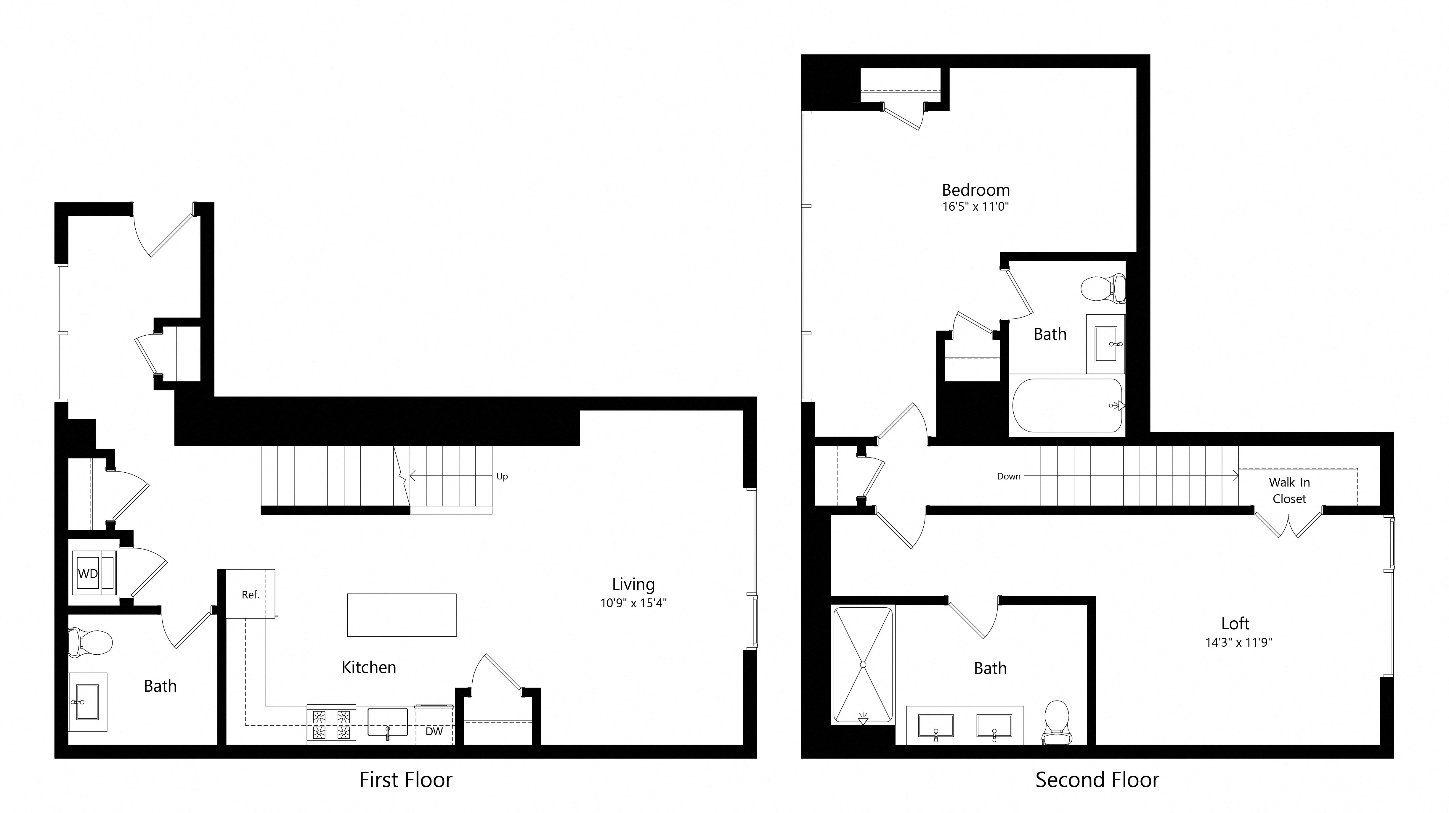 Floor plan for 1 bed, 2.5 baths, 1462 sqft