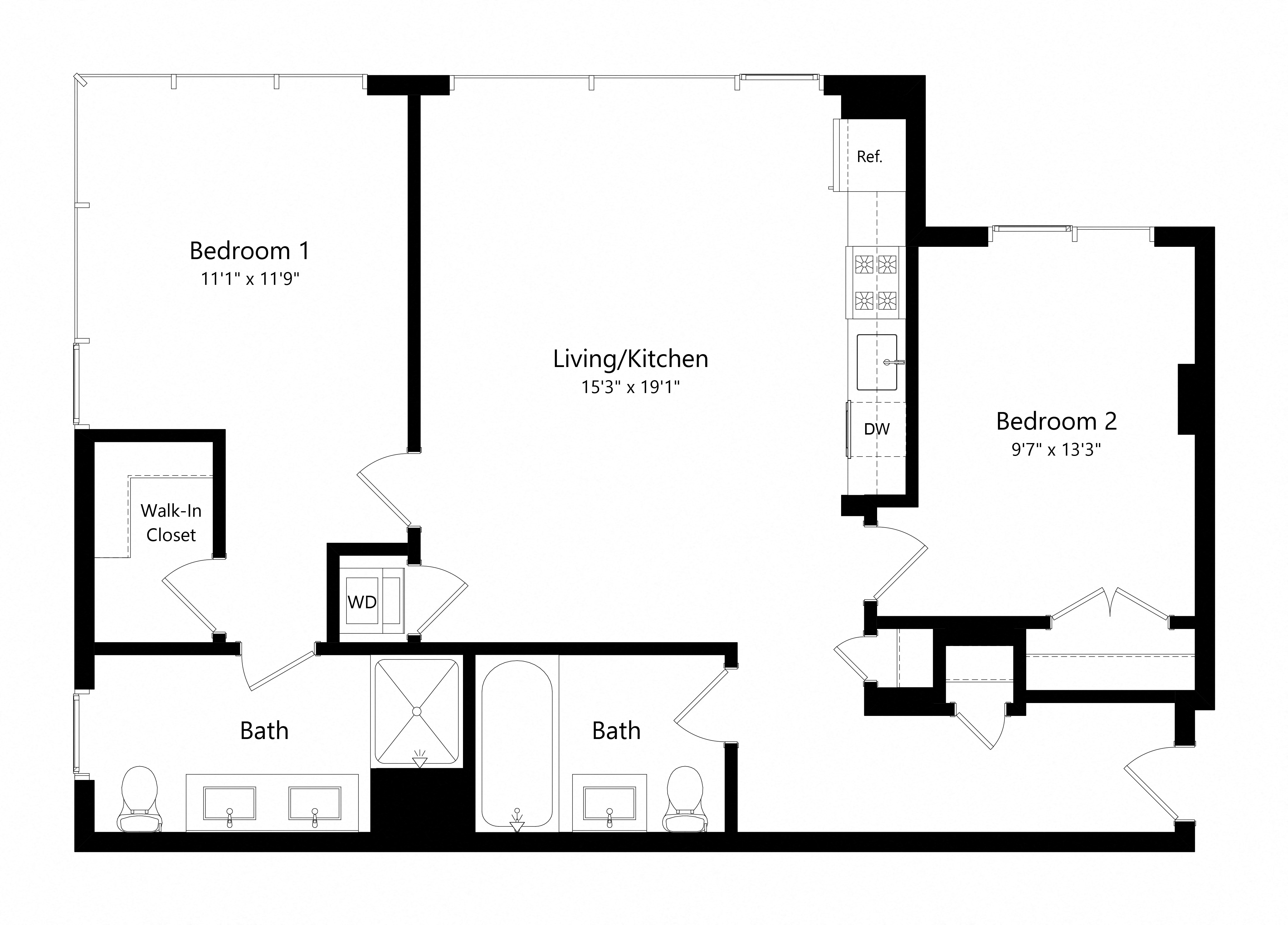 Floor plan for 2 beds, 2 baths, 991 sqft