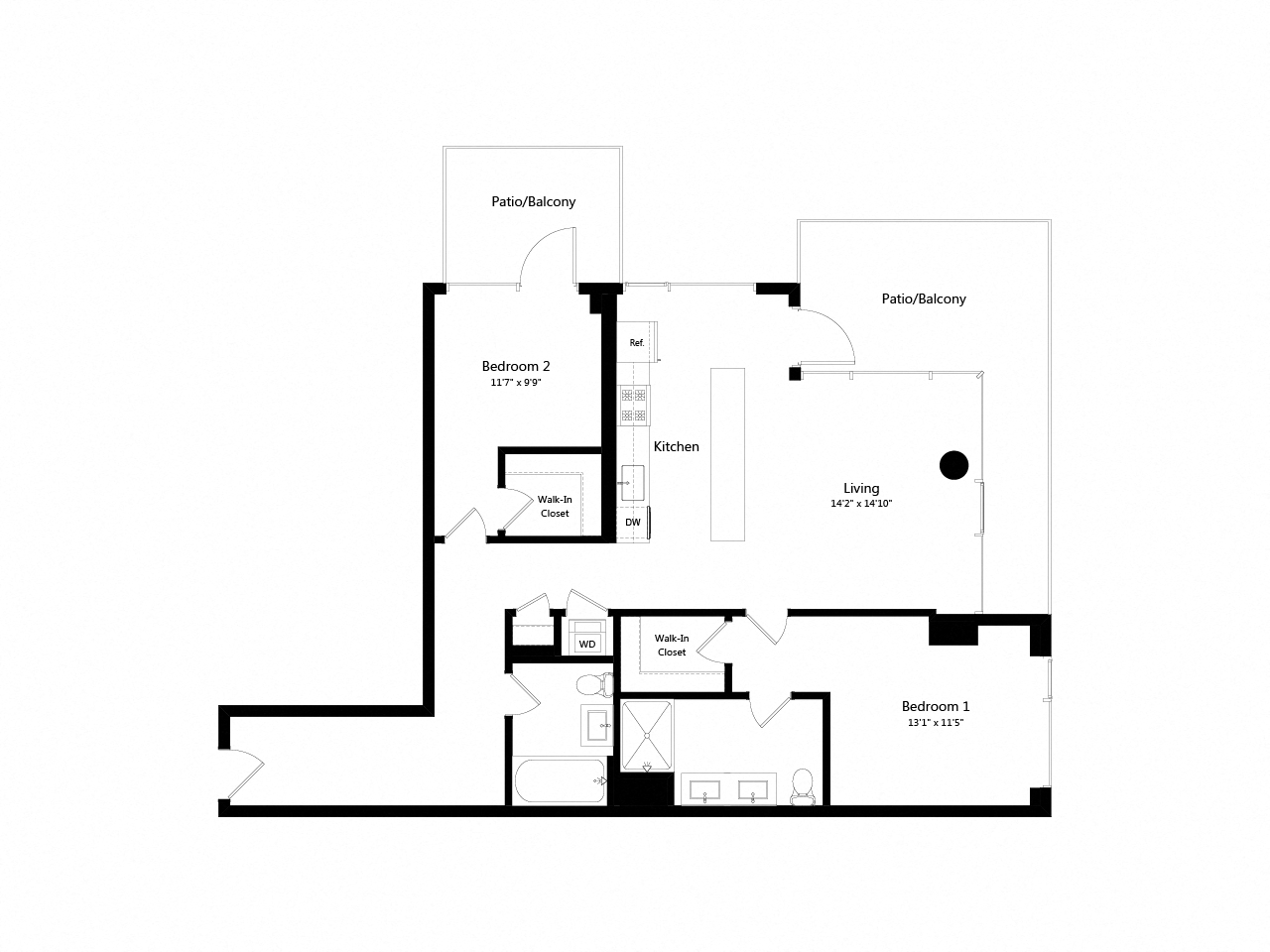 Floor plan for 2 beds, 2 baths, 1193 sqft