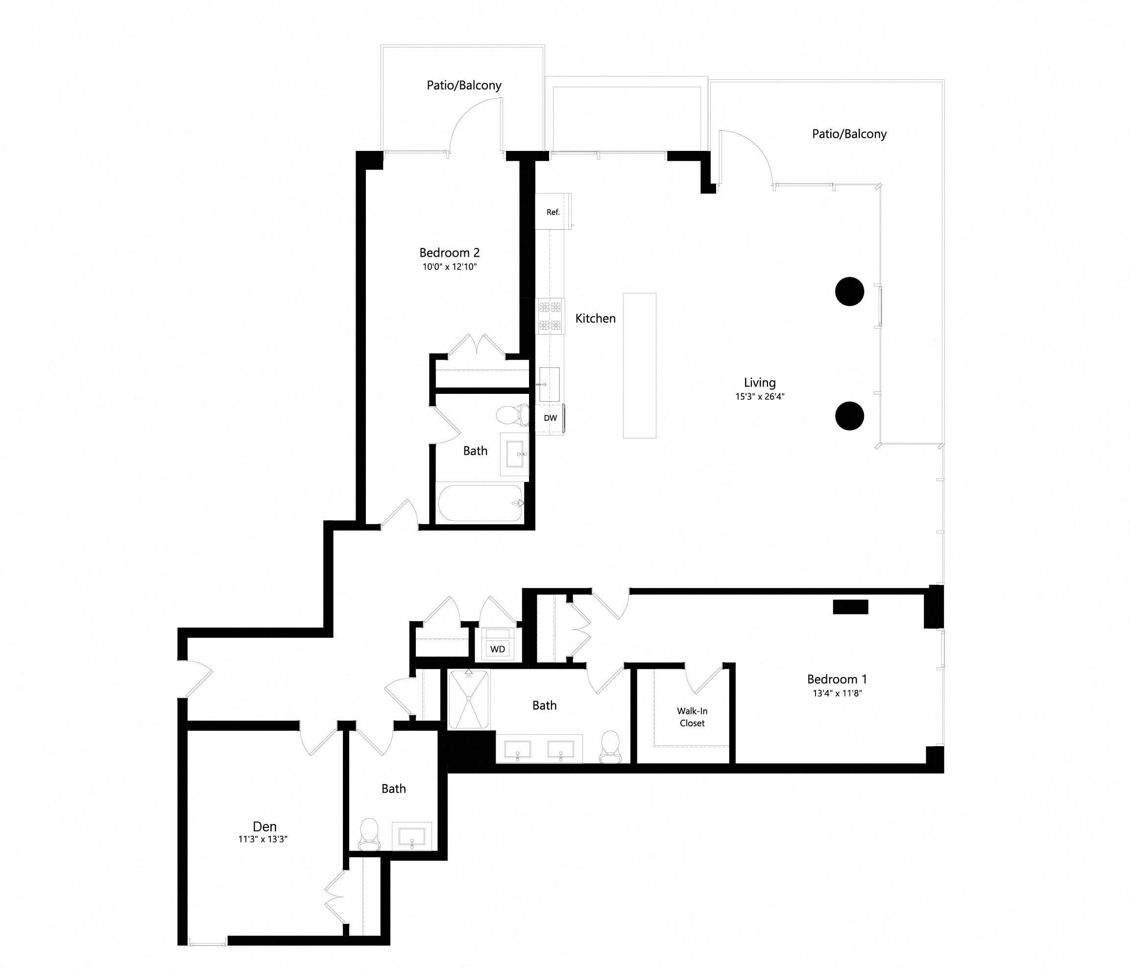 Floor plan for 2 beds, 2.5 baths, 1802 sqft