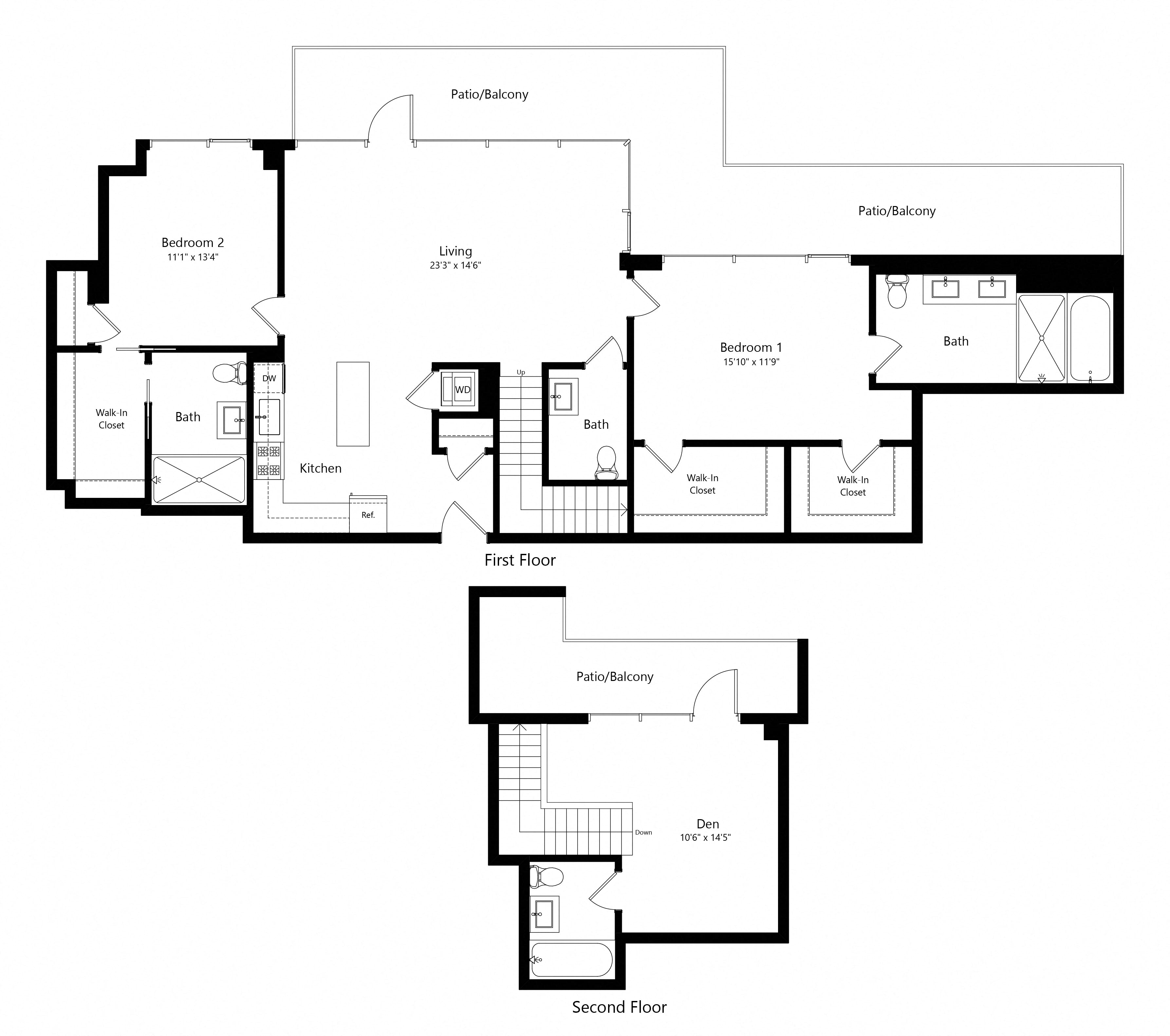 Floor plan for 2 beds, 3.5 baths, 1808 sqft