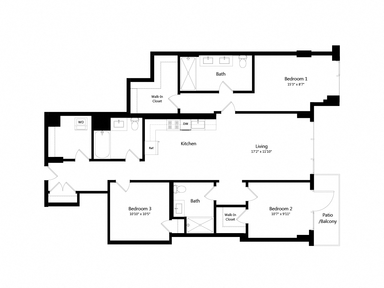 Floor plan for 3 beds, 3 baths, 1380 sqft