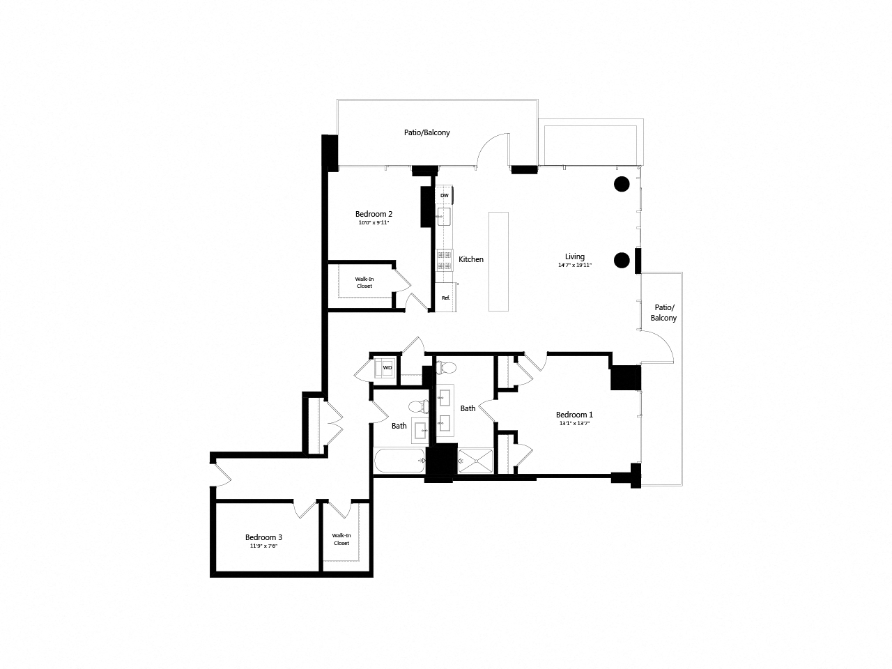 Floor plan for 3 beds, 2 baths, 1420 sqft