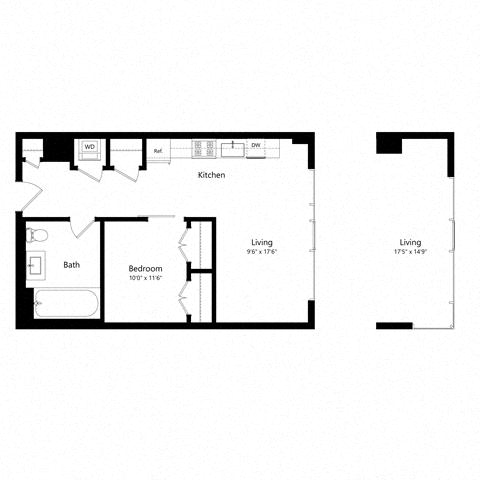 Floor plan for 1 bed, 1 bath, 541 sqft