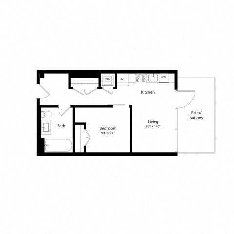 Floor plan for 1 bed, 1 bath, 492 sqft