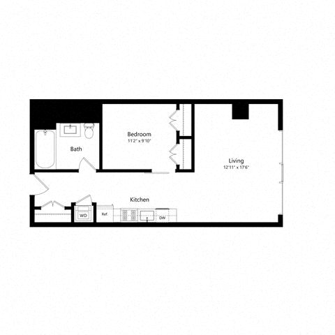 Floor plan for 1 bed, 1 bath, 678 sqft