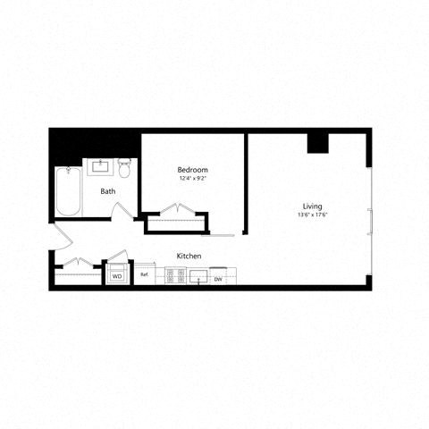 Floor plan for 1 bed, 1 bath, 678 sqft