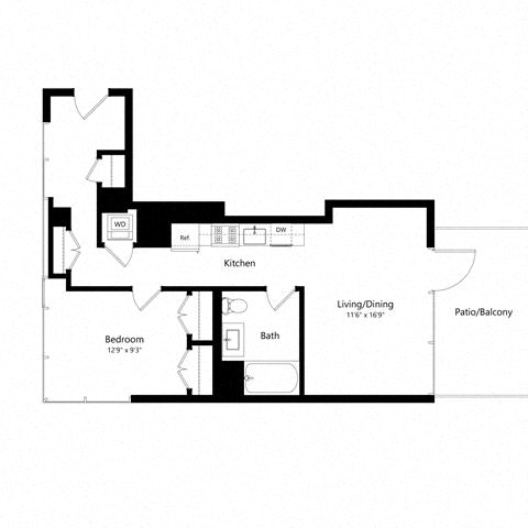 Floor plan for 1 bed, 1 bath, 689 sqft