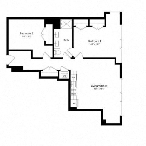 Floor plan for 2 beds, 1 bath, 981 sqft