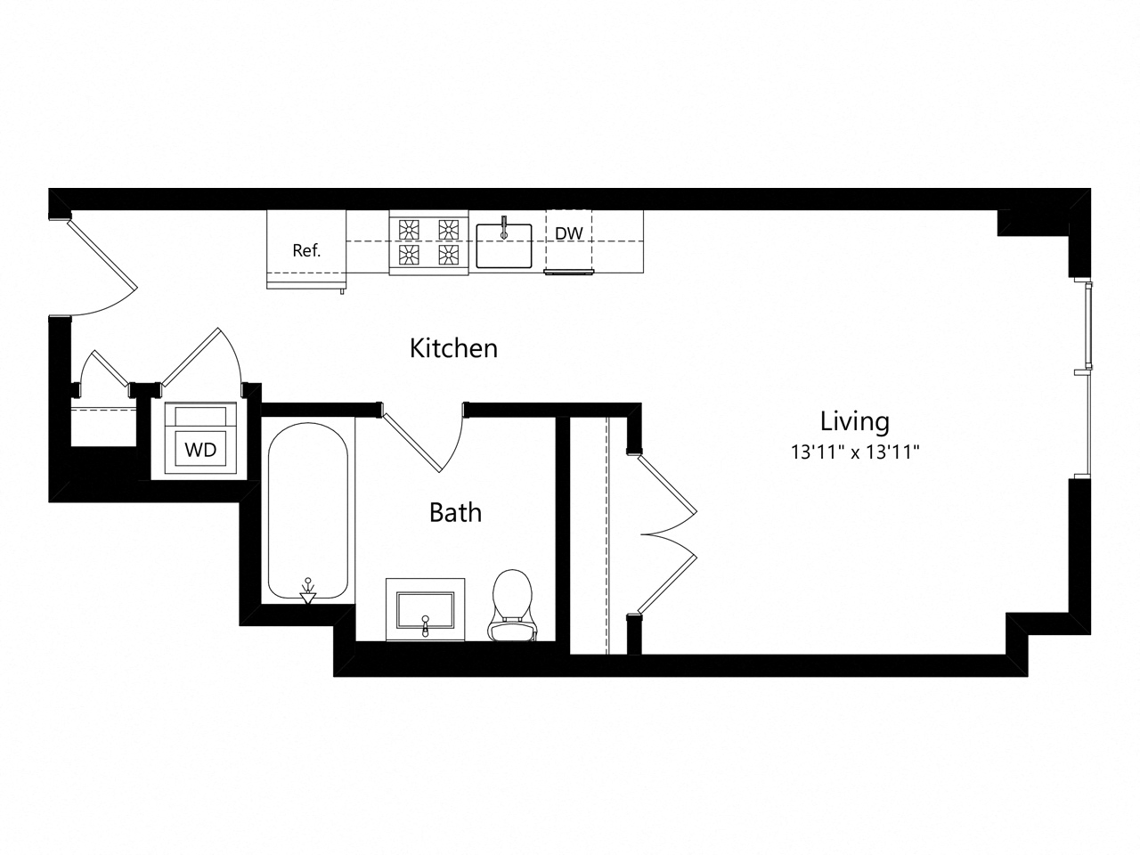Floor plan for studio, 1 bath, 451 sqft