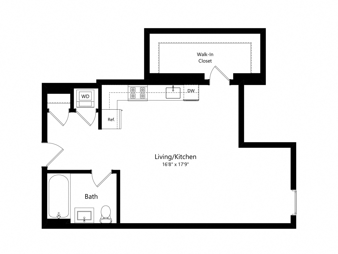 Floor plan for studio, 1 bath, 638 sqft
