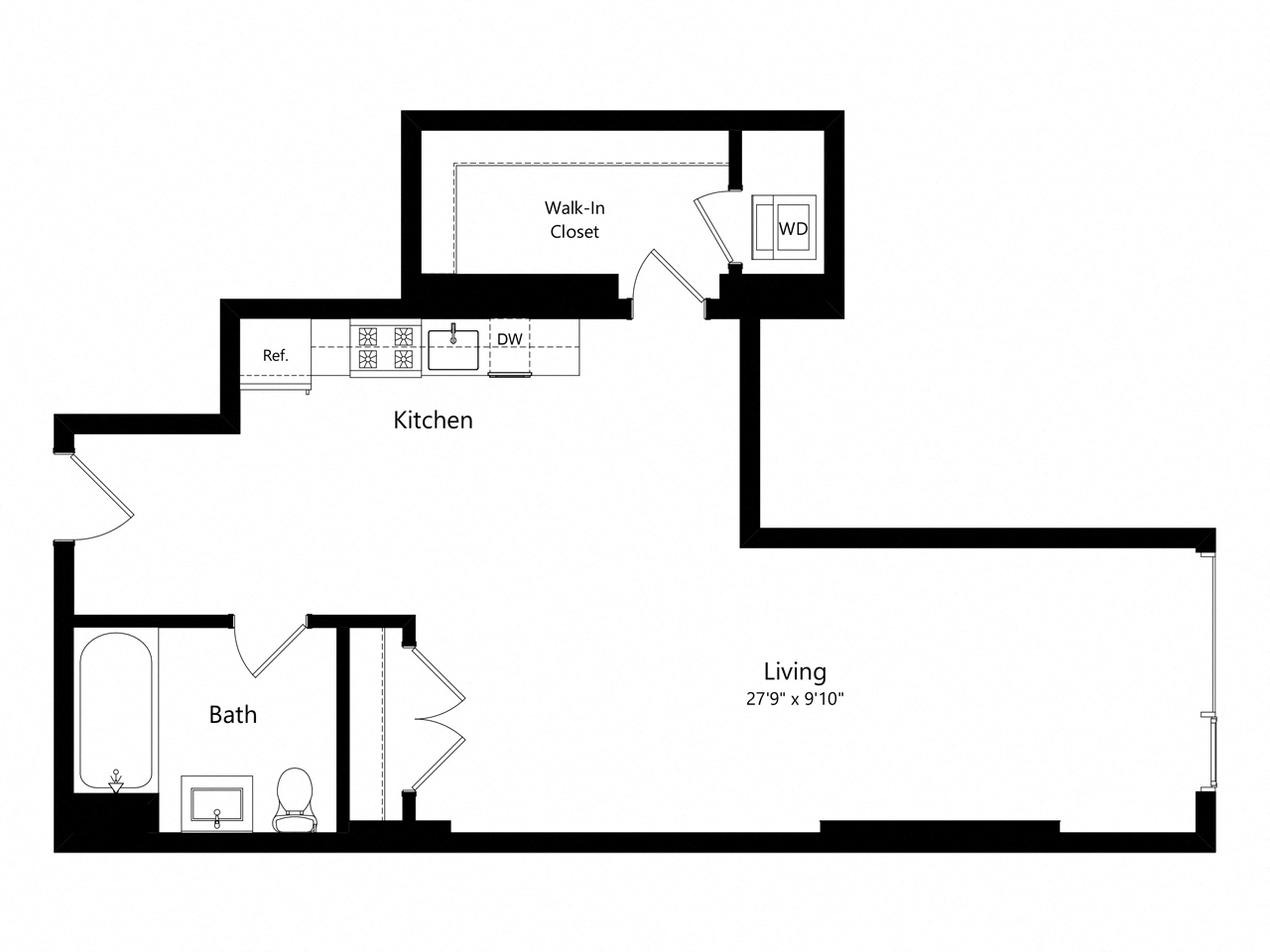 Floor plan for studio, 1 bath, 694 sqft