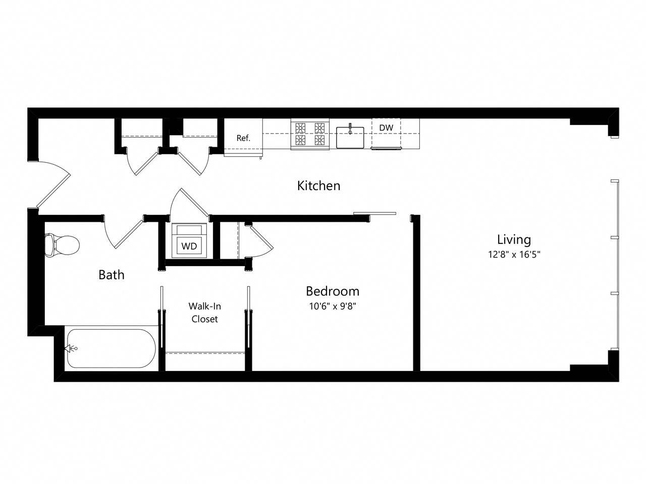 Floor plan for 1 bed, 1 bath, 647 sqft