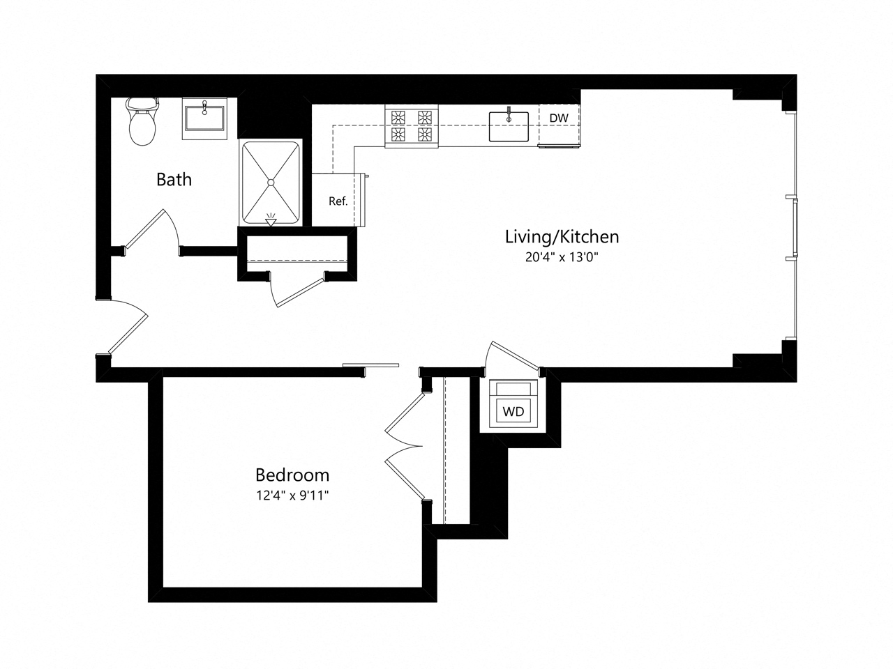 Floor plan for 1 bed, 1 bath, 612 sqft