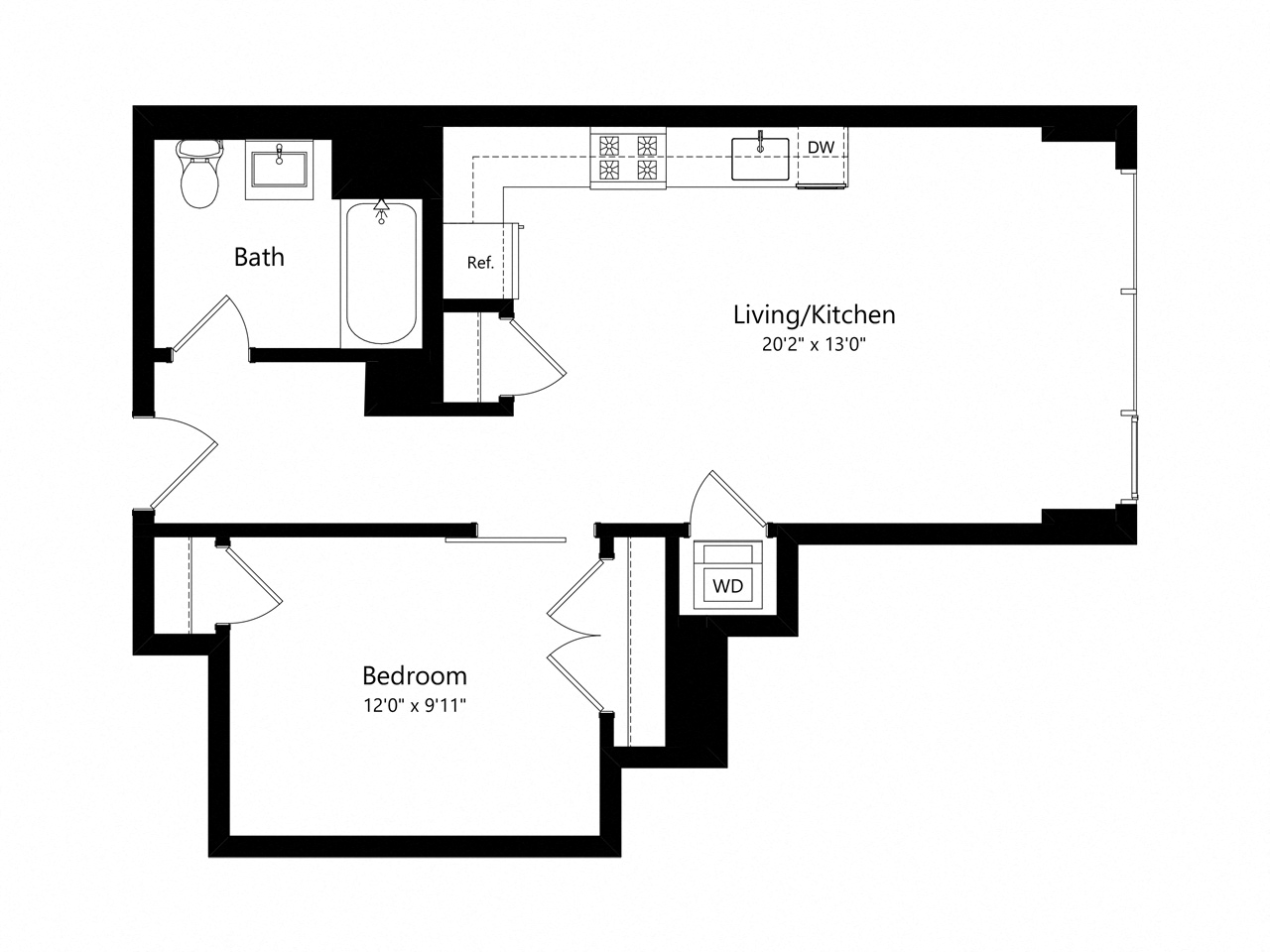 Floor plan for 1 bed, 1 bath, 721 sqft