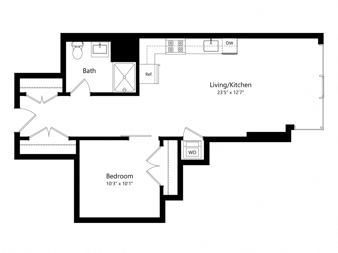 Floor plan for 1 bed, 1 bath, 666 sqft