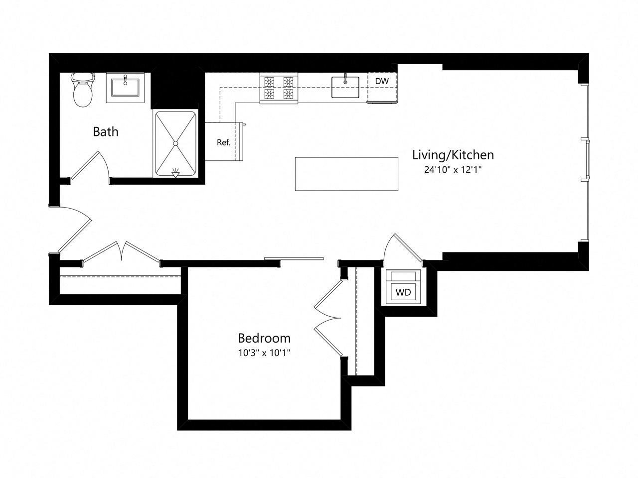 Floor plan for 1 bed, 1 bath, 645 sqft