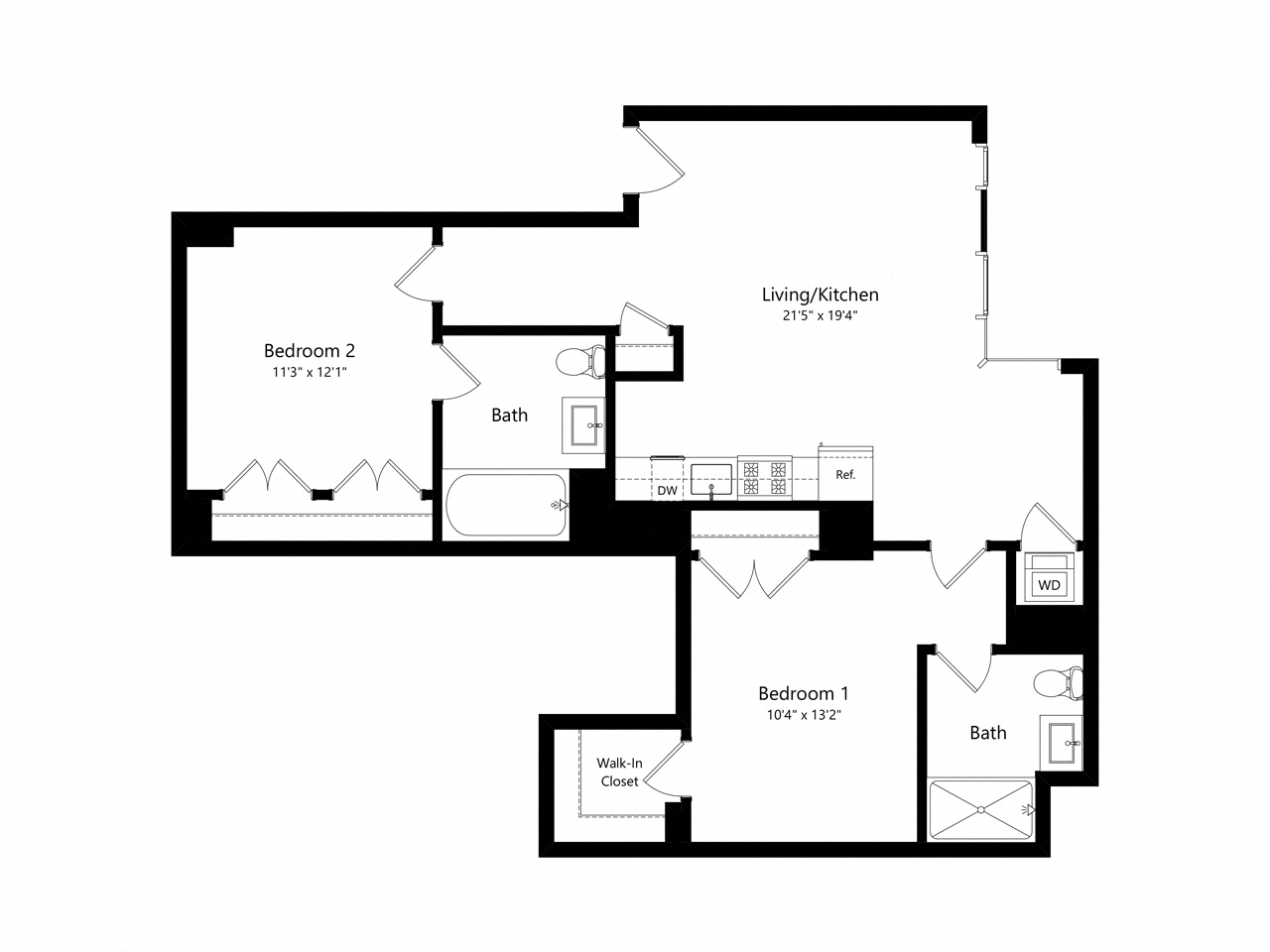 Floor plan for 2 beds, 2 baths, 951 sqft