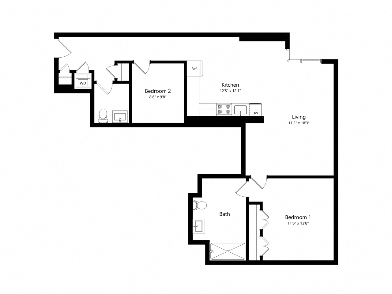 Floor plan for 1 bed, 1.5 baths, 1042 sqft