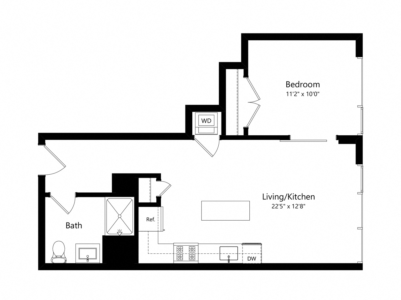 Floor plan for 1 bed, 1 bath, 686 sqft