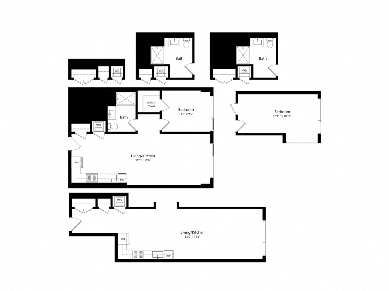Floor plan for 1 bed, 1 bath, 688 sqft