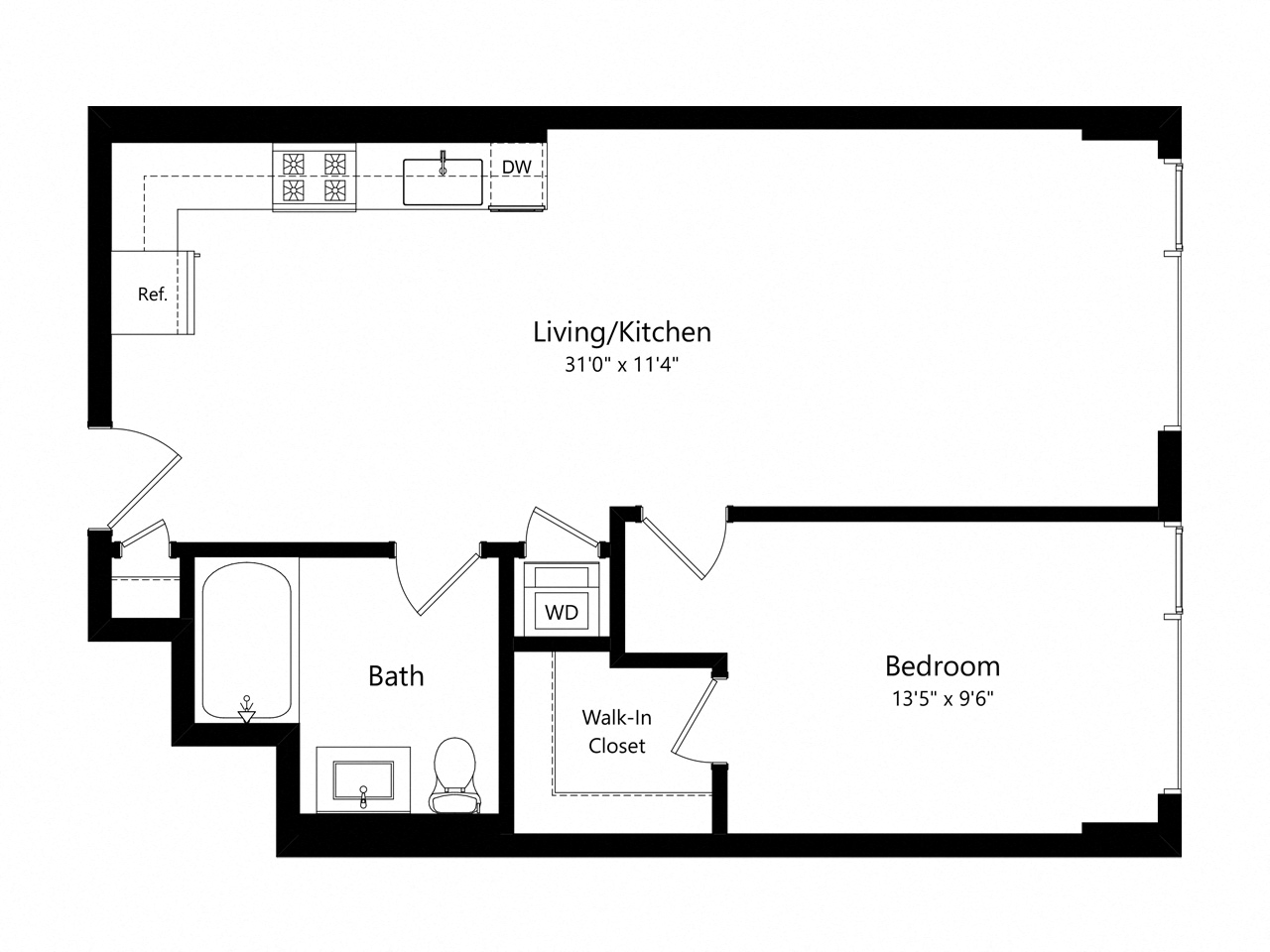 Floor plan for 1 bed, 1 bath, 749 sqft