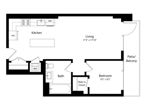 Floor plan for 1 bed, 1 bath, 701 sqft