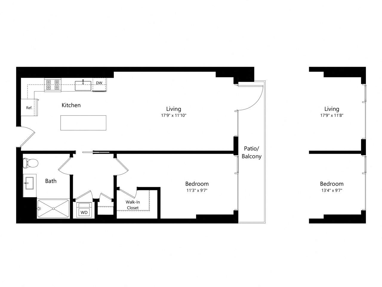 Floor plan for 1 bed, 1 bath, 746 sqft