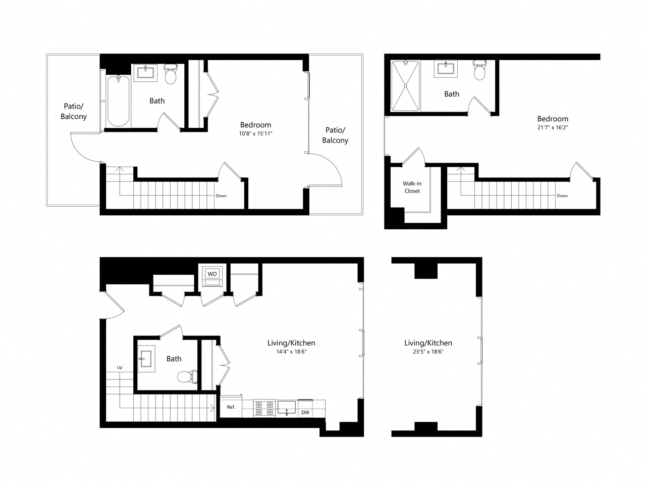 Floor plan for 1 bed, 1.5 baths, 1248 sqft